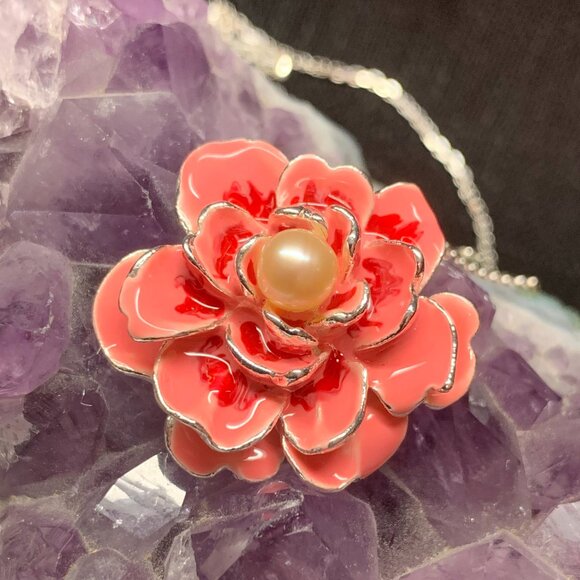 Salmon Pink Enamel & Pearl Flower Necklace Sterling Silver Vantel Pearls J224 - Picture 4 of 4